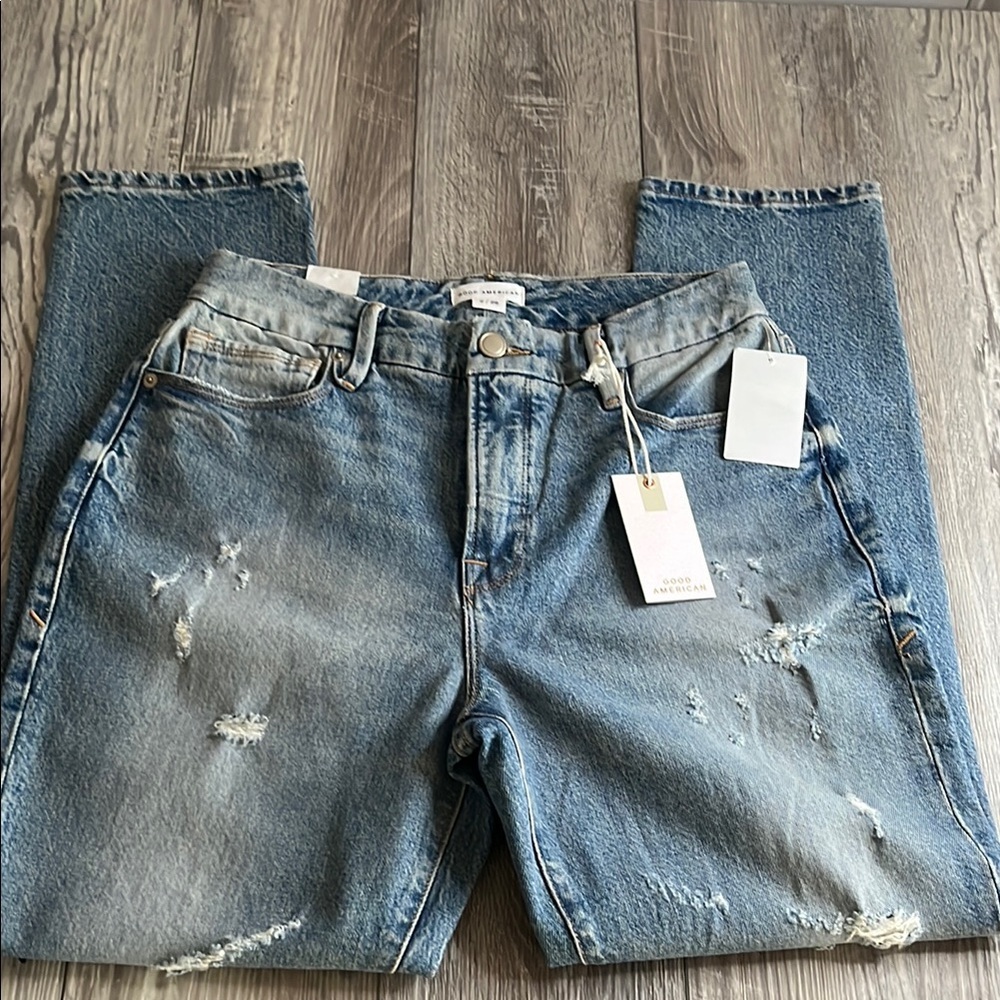 Good American Light Blue Distressed Straight Leg Jeans